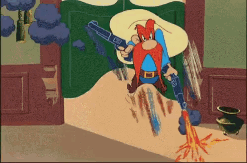 a cartoon of a man holding a gun with a rocket coming out of it