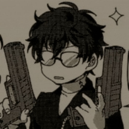 a black and white drawing of a boy wearing glasses and holding two guns .