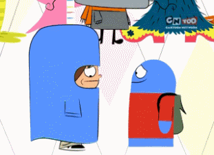 two cartoon characters are standing next to each other in front of a cartoon network tent