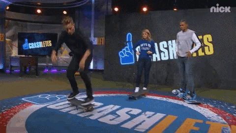 a man riding a skateboard in front of a sign that says crashes