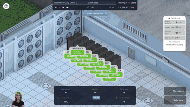 a computer screen shows a server room with a large rack of servers