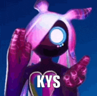 a cartoon character with pink hair and the word kys on her chest .
