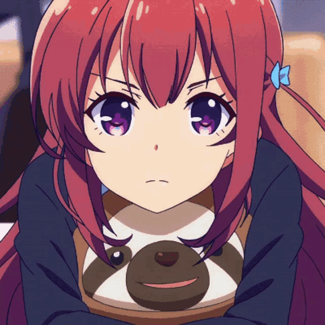a girl with red hair has a blue bow in her hair and is holding a stuffed animal