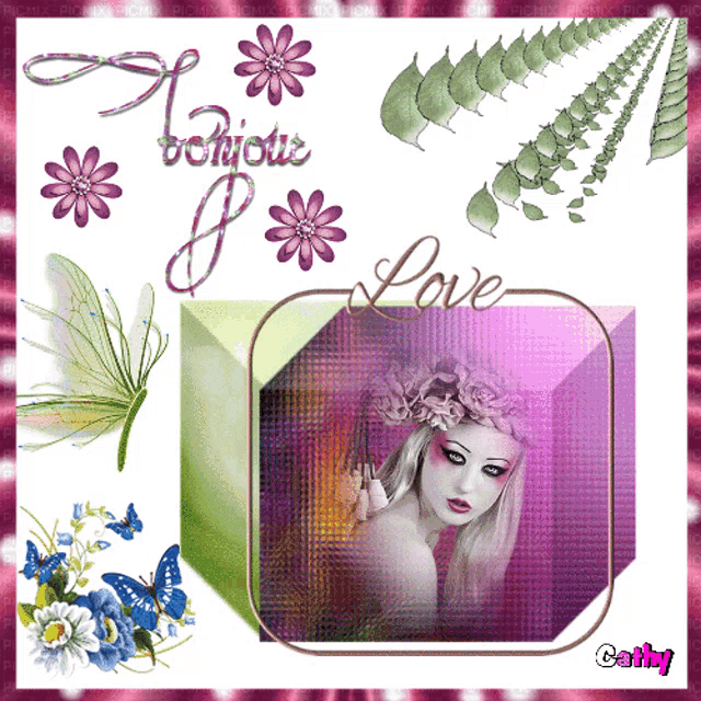 a picture of a woman with flowers in her hair is surrounded by flowers and butterflies