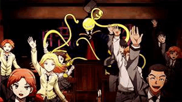 a group of people are standing in a room with their hands in the air and holding a trophy .