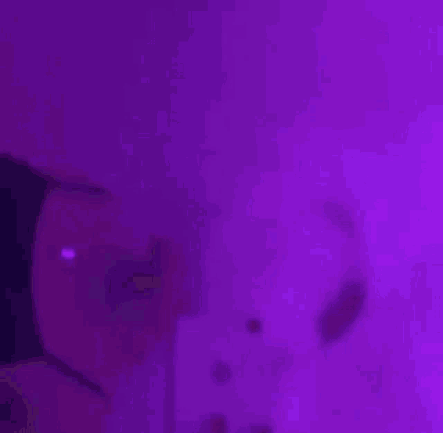 a close up of a person 's face with purple lights behind them .