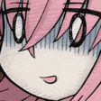 a close up of a pink haired anime girl 's face with a slight smile on her face .