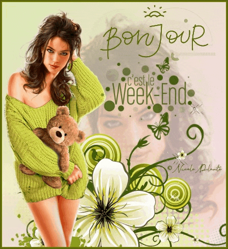 a woman in a green sweater is holding a teddy bear in front of flowers and butterflies and says bonjour