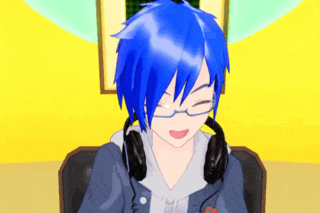a blue haired anime character wearing headphones