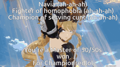 a picture of a girl with the words navia ( ah-ah-ah ) fighter of homophobia