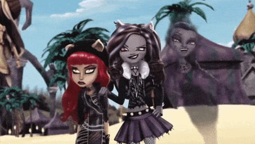 two monster high dolls standing next to each other on a beach