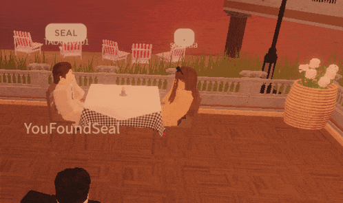 a group of people sitting at a table with a speech bubble saying seal