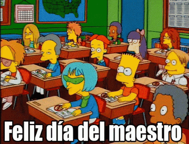 a group of cartoon characters in a classroom with the words feliz dia del maestro written on the bottom