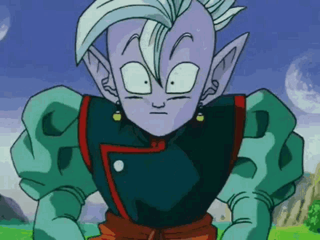 a close up of a cartoon character with a purple hair and ears .