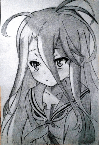 a black and white drawing of a girl with long hair and blue eyes