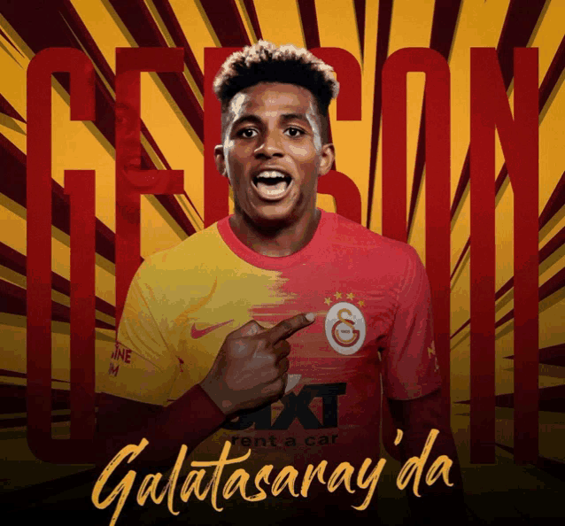 a poster with a soccer player pointing to the word galatasaray