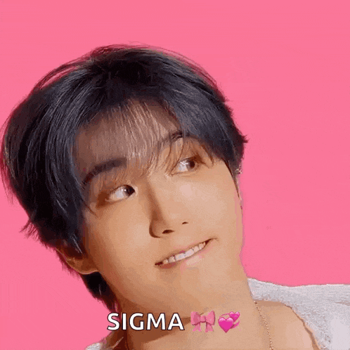 a close up of a person 's face with a pink background and the words `` sigma '' written on it .