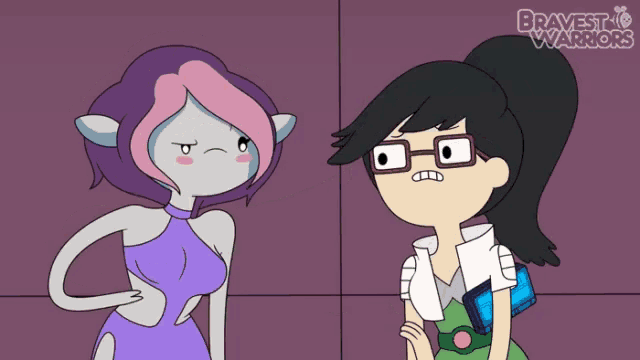 two cartoon characters standing next to each other with bravest warriors written on the bottom right