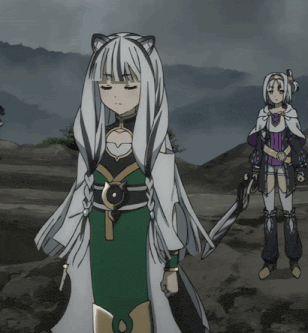 a girl with white hair and a cat ear stands in a field