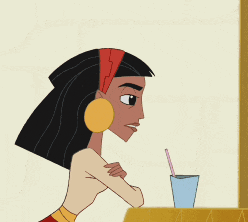 a cartoon of a woman drinking from a blue cup with a straw