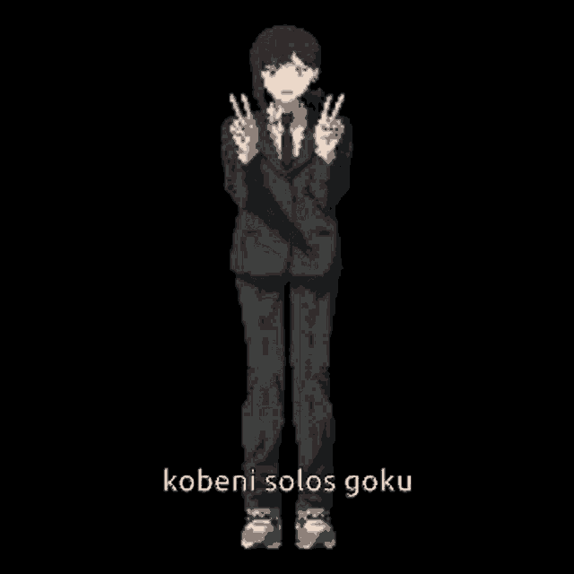 a pixel art of a person in a suit and tie giving the peace sign