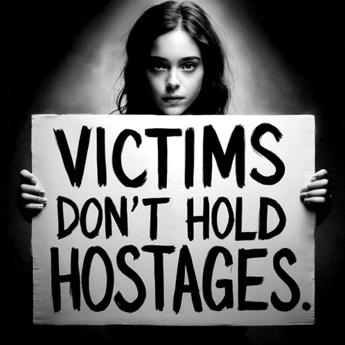 a woman holds a sign that says victims don 't hold hostages