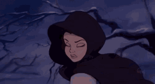 a cartoon character is wearing a black hood and making a surprised face