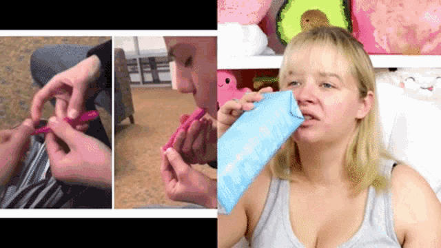 a woman is holding an ice pack to her nose