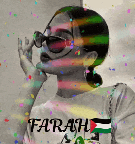 a woman wearing sunglasses has the name farah written on her shirt