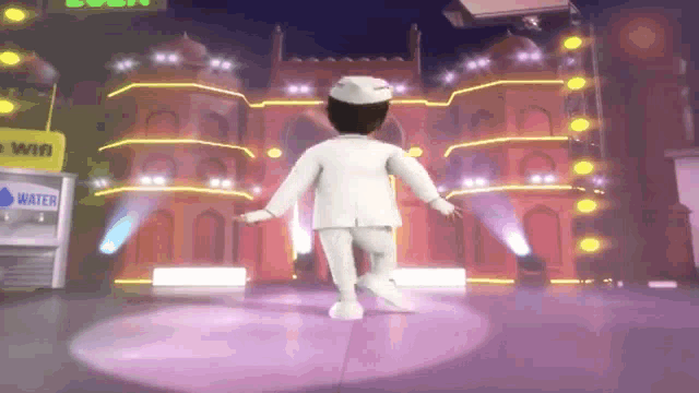 a cartoon character is dancing on a stage in front of a building with a water cooler in the background