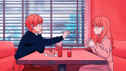 a boy and a girl are sitting at a table with a plate of cake and drinks