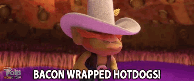 a troll wearing a cowboy hat with the words bacon wrapped hotdogs
