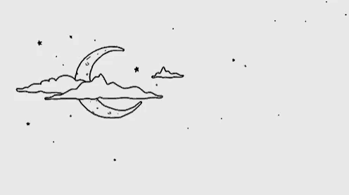 a black and white drawing of a crescent moon sleeping on a cloud in the sky .