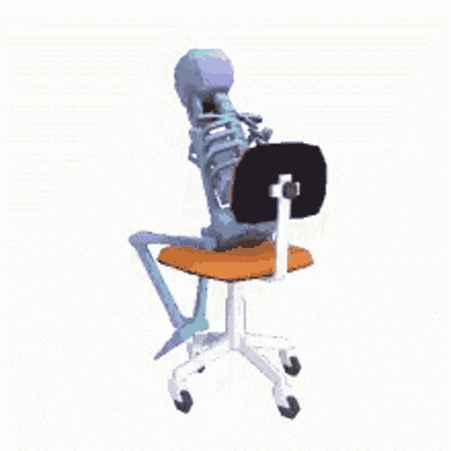 a skeleton is sitting on an office chair with a cup in his mouth .