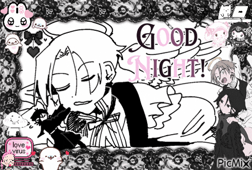 a black and white drawing of a boy sleeping with the words good night written on it
