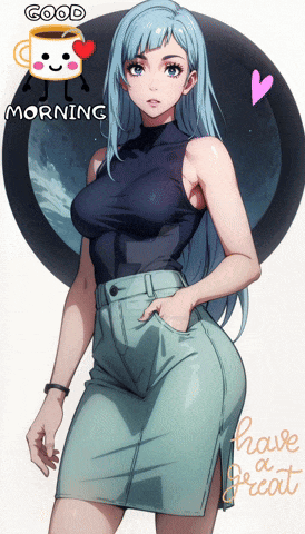 a girl with blue hair is standing in front of a sign that says " good morning "
