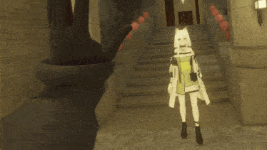 a cartoon character with white hair is standing in front of stairs