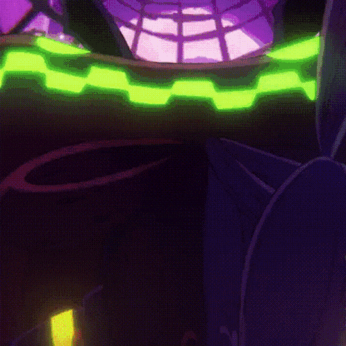 a purple and green animated background with a globe in the middle