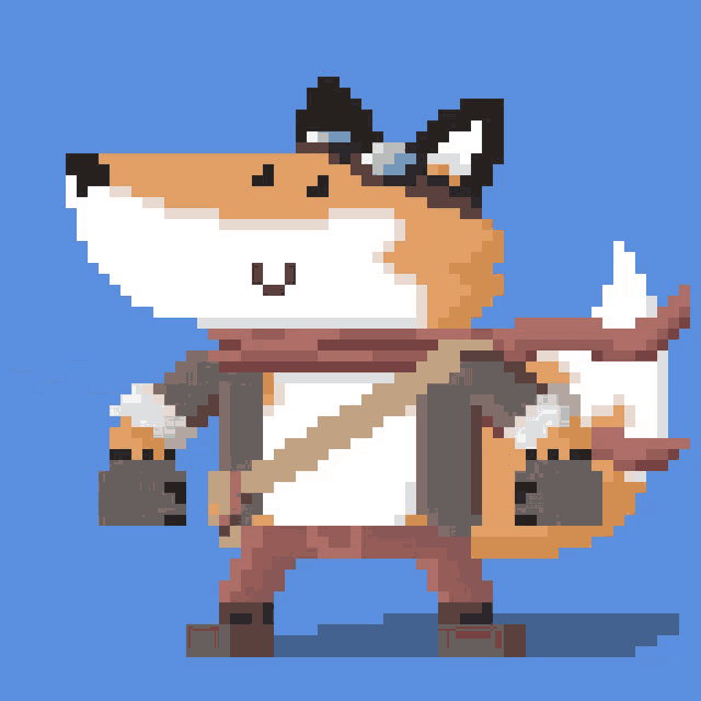 a pixel art of a fox holding a cup