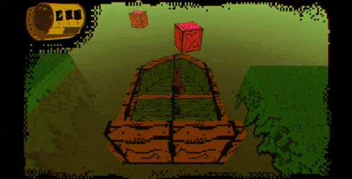 a screenshot of a video game shows a boat surrounded by boxes