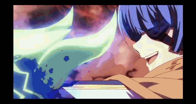 a cartoon character with blue hair is smiling while holding a book