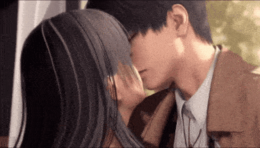 a man in a brown jacket kisses a woman on the neck