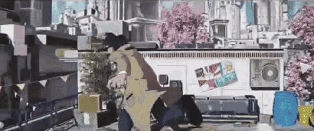 a man in a trench coat is running in front of a building with a sign on it that says ' i love you '