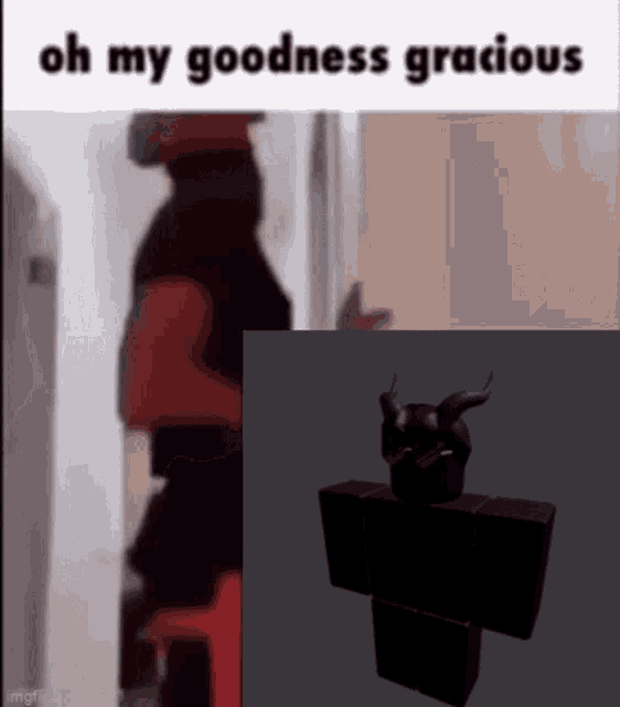 a man is standing in a doorway next to a 3d model of a devil with horns .