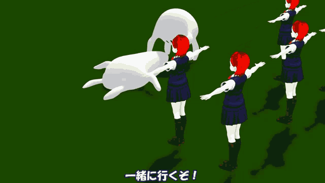 a group of girls are standing next to each other with their arms outstretched in front of a white object with chinese writing on it