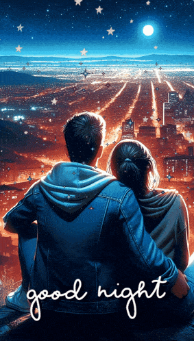 a man and a woman are sitting on a ledge overlooking a city at night with the words good night written on the bottom