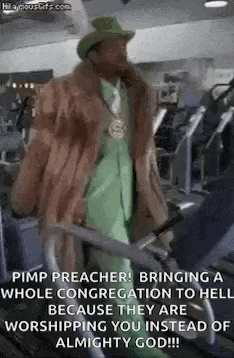 a pimp preacher is holding a sword in a gym .