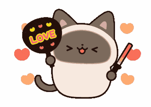 a cat is holding a fan that says love