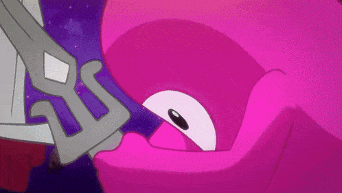 a pink cartoon character with a sword in its mouth .