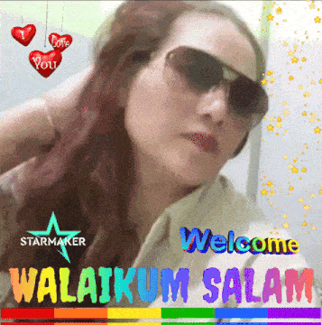 a woman wearing sunglasses is surrounded by hearts and the words welcome walaikum salam